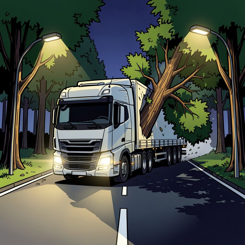 hoe raakte een vrachtwagen 200 meter verderop in een bedrijfsterrein na een botsing met bomen?