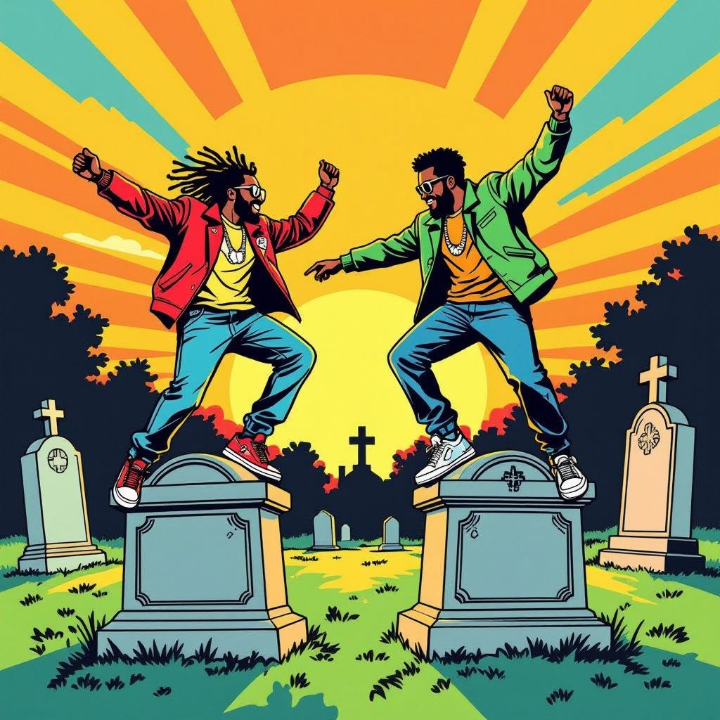Het legendarische rapduo The Opposites viert na dertien jaar stilte een feestje op hun eigen graf.