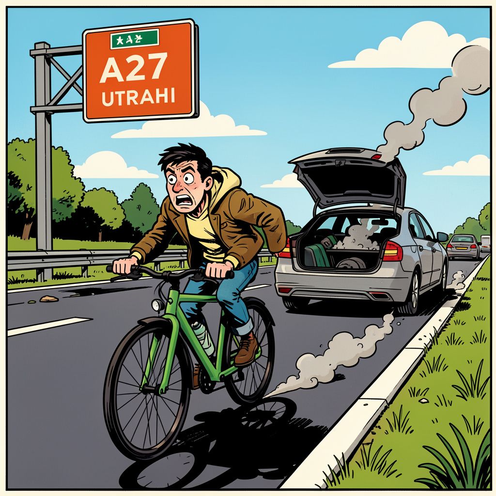 Een brutale dief krijgt autopech op de snelweg en fietst er snel vandoor.