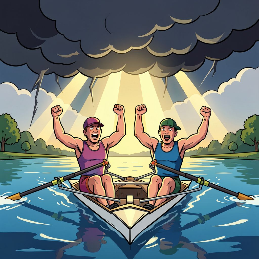 Simon van Dorp en Melvin Twellaar roeien na zwaar onweer naar de eerste Nederlandse wereldtitel op de Bosbaan.