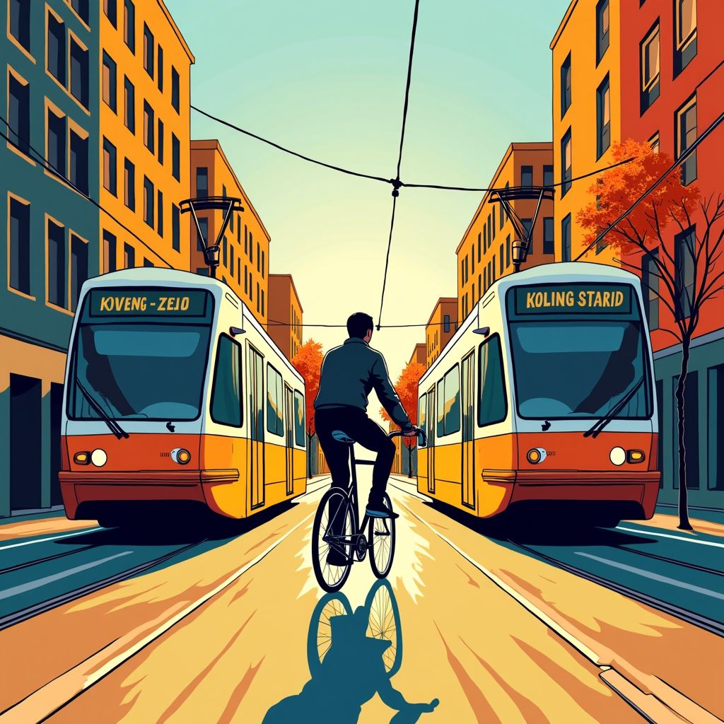 Een fietser raakt klem tussen twee trams op het drukke Koningsplein