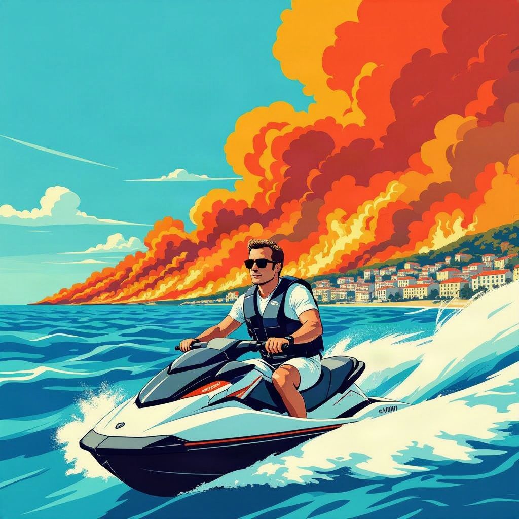President Macron racet op een jetski terwijl zijn land letterlijk in brand staat.