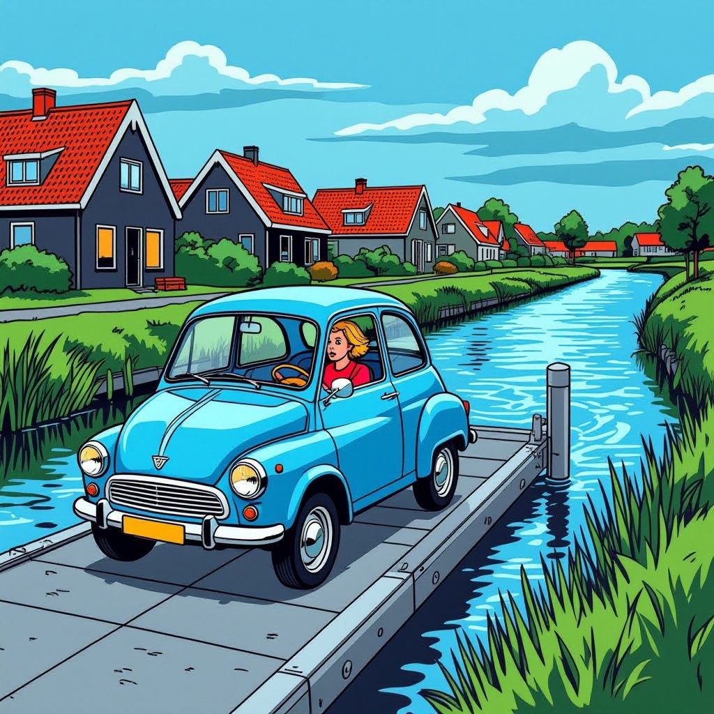 Brommobiel rijdt rechtdoor van pontje Langweer het water in