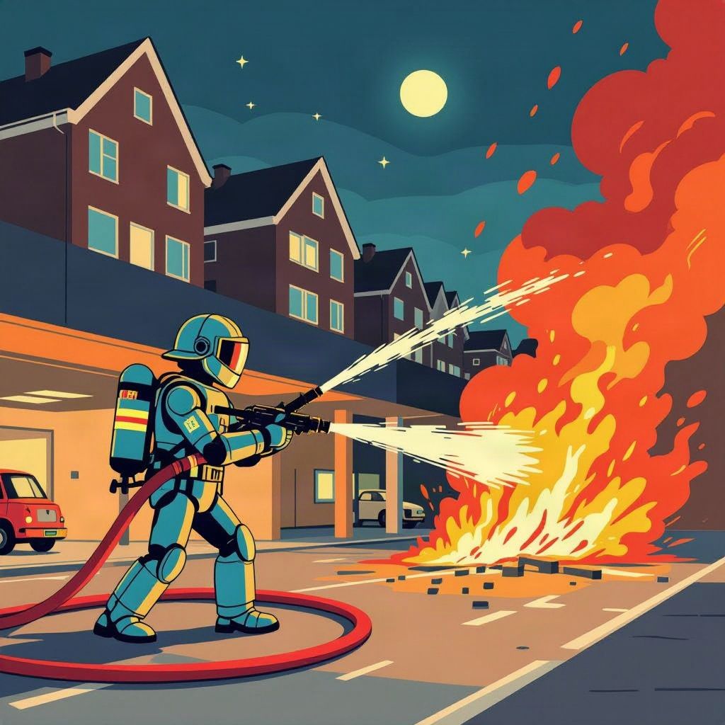 Een blusrobot bestrijdt een felle brand onder een flat in Amsterdam.