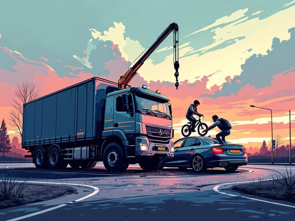 Vrachtwagenchauffeur tilt auto op met kraan om fatbiker te redden, maar jongen overlijdt alsnog