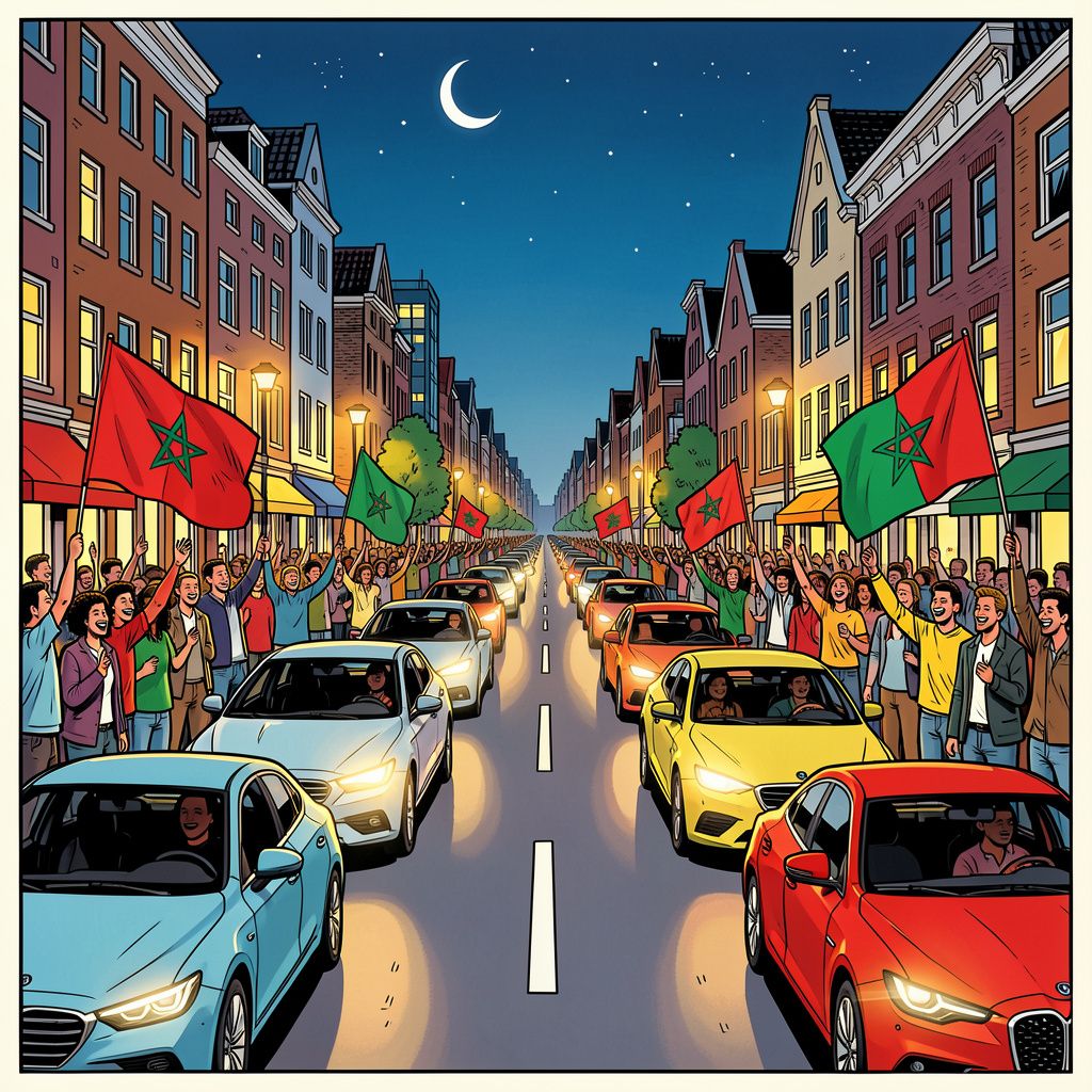 Utrechtse fans verwerken het WK-verlies van Marokko met een luidruchtig maar vreedzaam feest op straat.