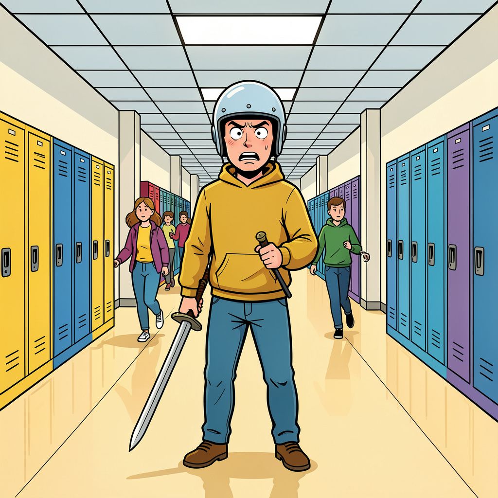 Een achttienjarige oud-leerling met een zwaard en helm zaait paniek op een Zweedse school.