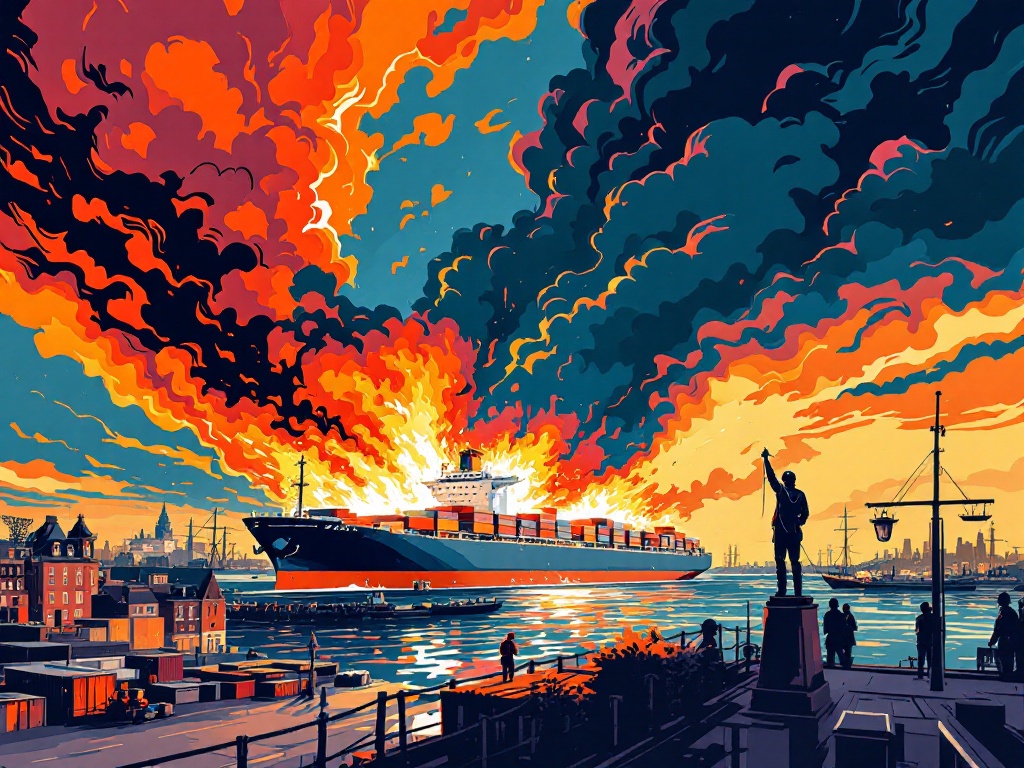 Grote rookwolken boven Amsterdam door brandend vrachtschip