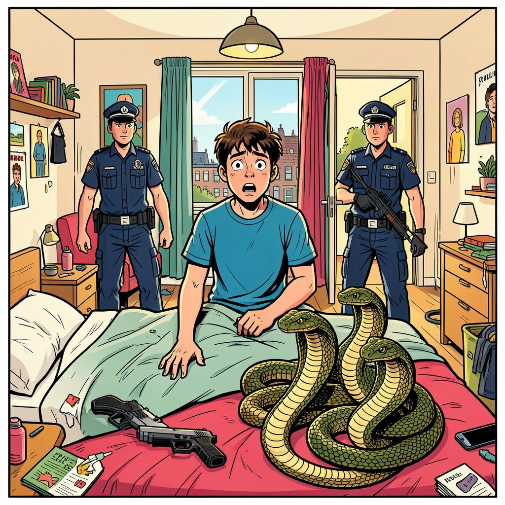 Internationaal onderzoek leidt politie naar wapens en cobra's in slaapkamer van Amsterdamse tiener.