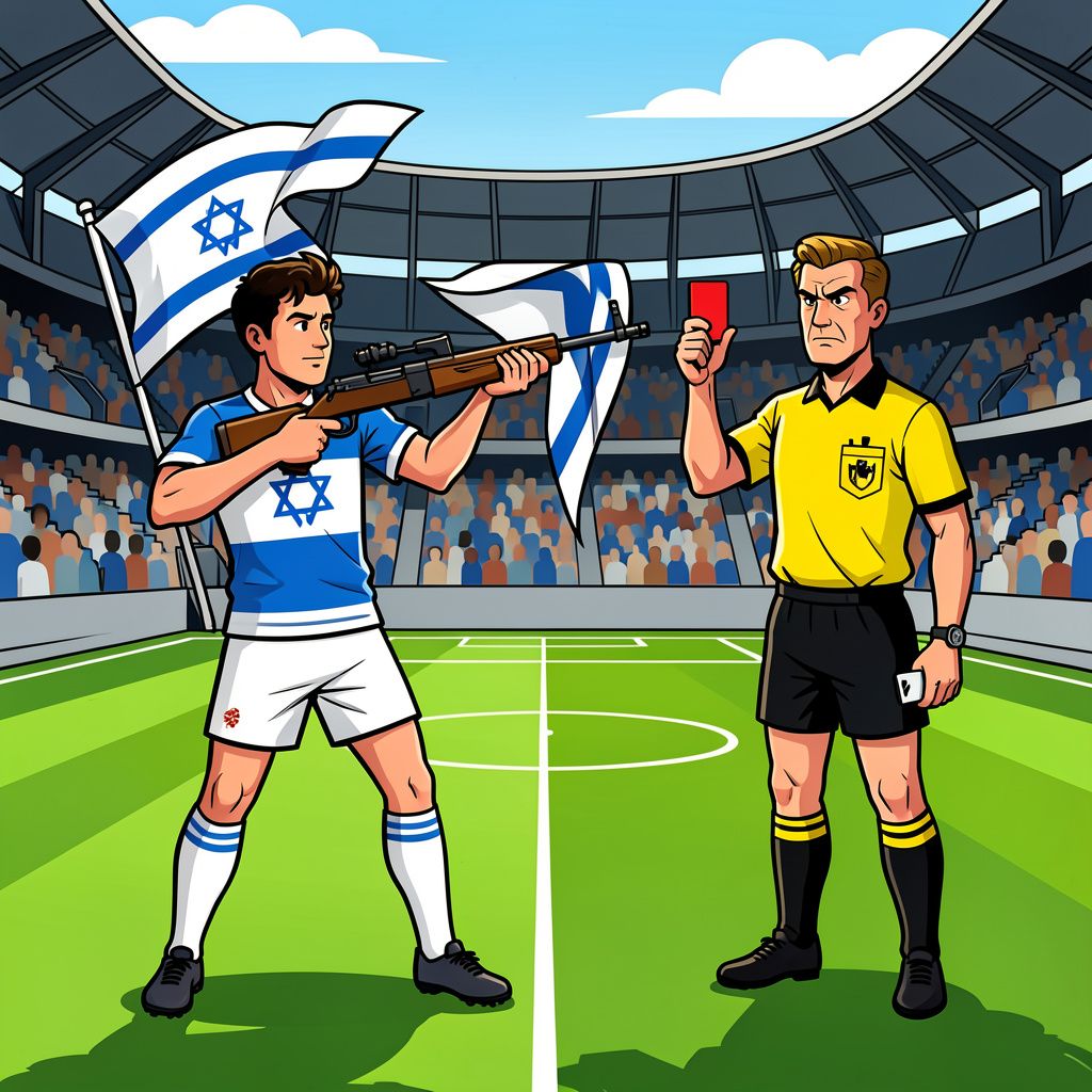 Een Israëlische spits schiet zichzelf uit de wedstrijd met een hoekvlag.