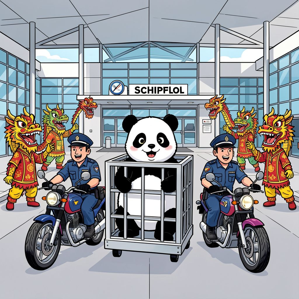 Nederland zwaait panda Lang Yue uit met politiebegeleiding en drakendans.
