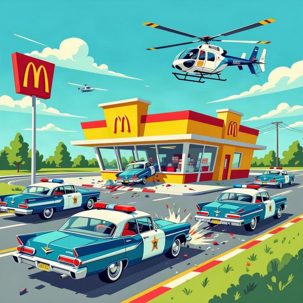 Tien politiewagens en een helikopter jagen op een onverzekerde benzinedief.