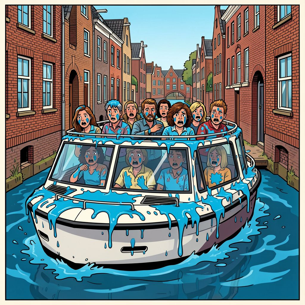 Een Utrechtse rondvaartboot is gisteren vanuit het niets bekogeld met een flinke lading blauwe verf.