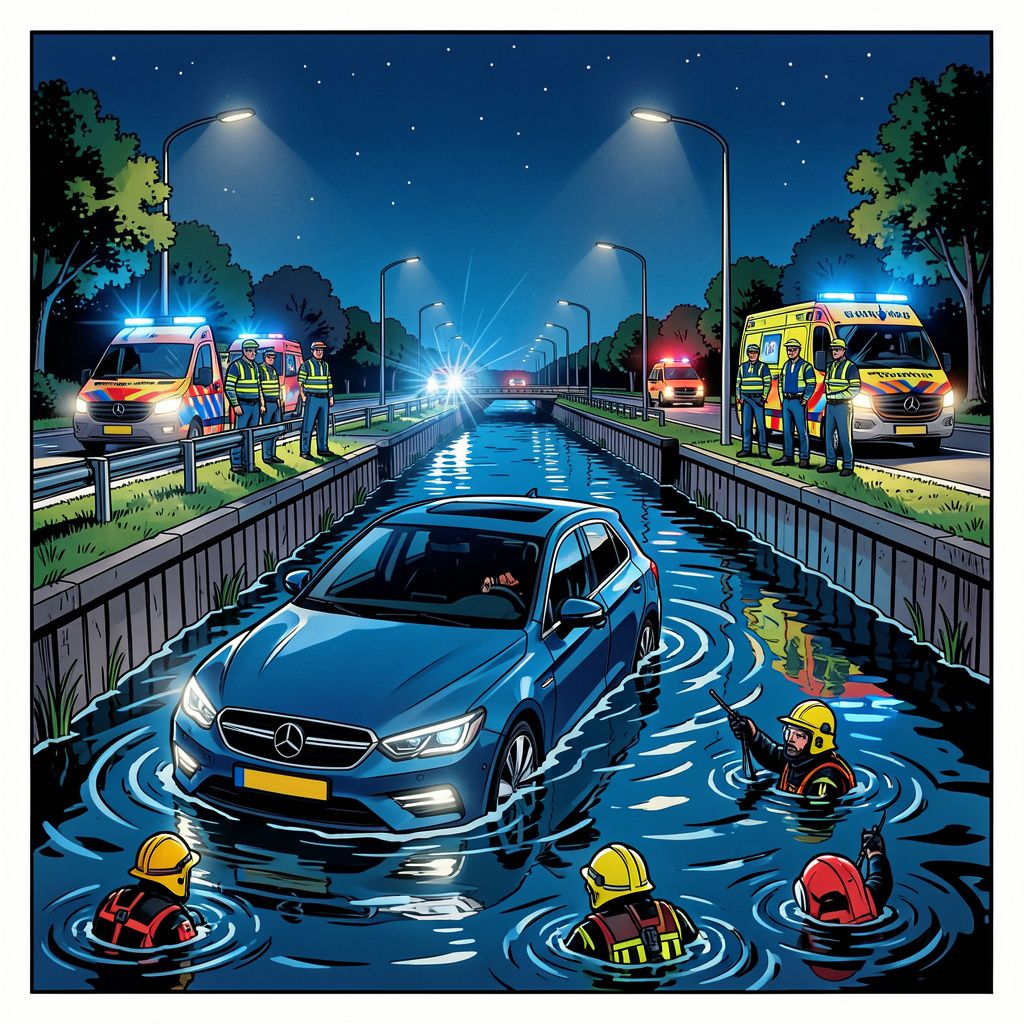 Hulpdiensten treffen een overleden persoon aan in een auto te water langs de A325 bij Elst.