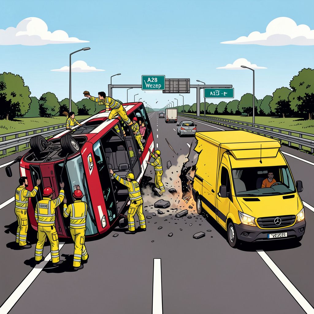 Een Oostenrijkse bus vol scholieren kantelt na een heftige botsing op de snelweg A28 bij Wezep.