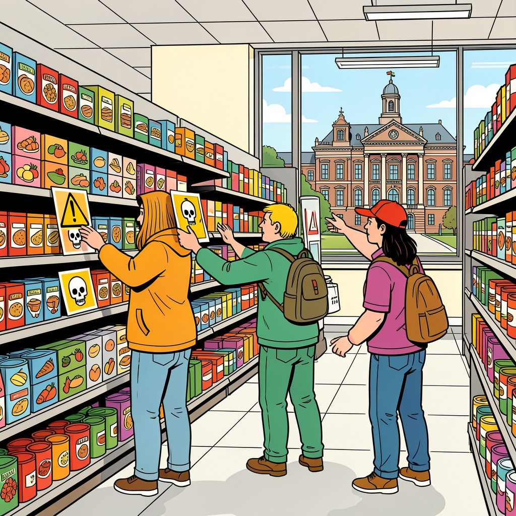 Extinction Rebellion wil waarschuwingslabels op niet-biologisch eten in de supermarkt.