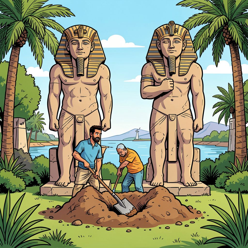 Een Egyptische dorpsbewoner graaft twee reusachtige standbeelden van farao Ramses II op in zijn eigen tuin.