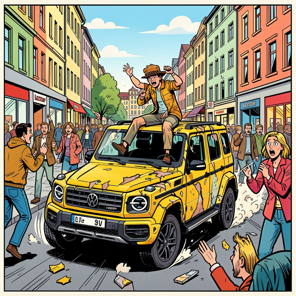 Een volkswagen met iemand op het dak raast door leipzigs voetgangerszone en doodt twee mensen