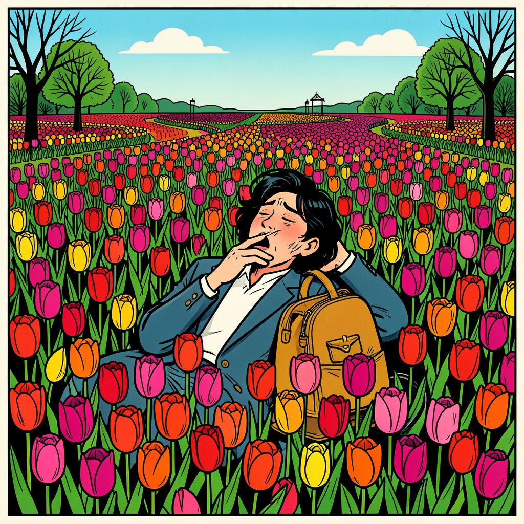 Vietnamese bezoeker valt flauw van geluk tussen miljoenen tulpen in Lisse