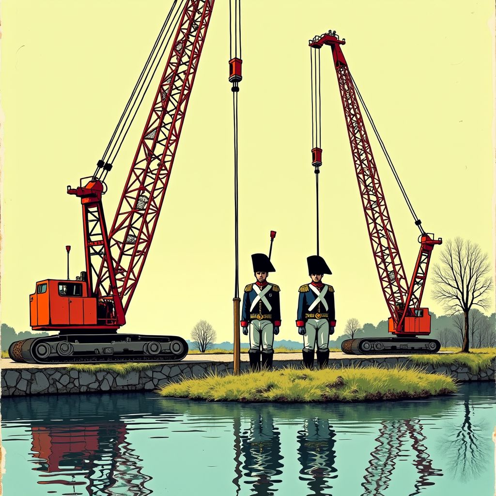 Kranen hijsen soldaten van 1500 kilo uit Land van Ooit-vijver voor megaklus restauratie