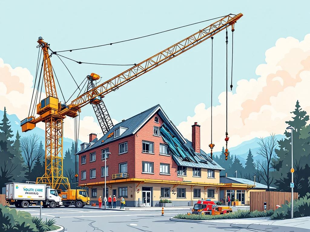 Hijskraan weegt tot 50 ton en ligt nu dwars door dak van jeugdzorginstelling