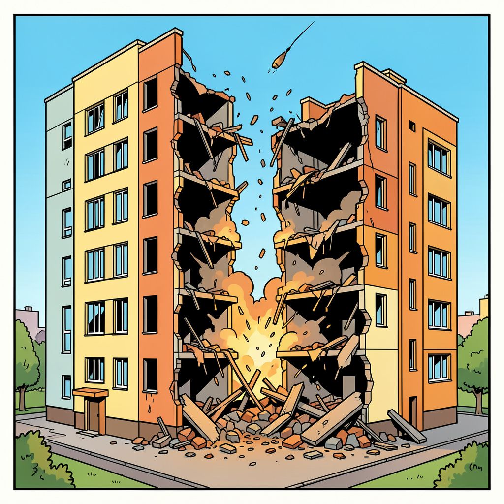 Een Russische vliegtuigbom doorboort een flatgebouw in Charkiv.