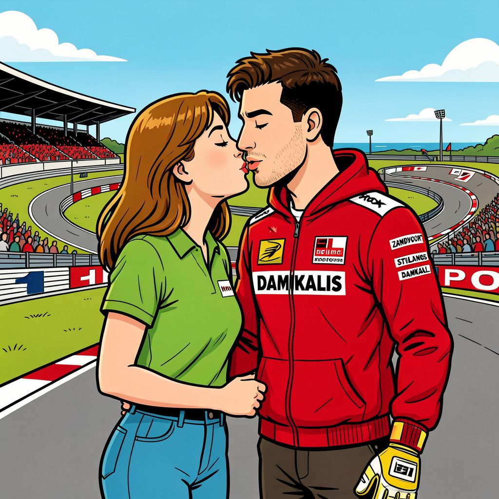 Emma Kok laat haar mysterieuze vriend zien met een romantische kus langs de racebaan in Zandvoort.