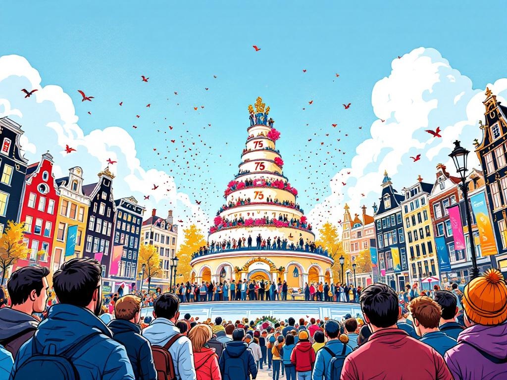 Amsterdam viert vandaag 750 jaar met het koningspaar en een 75 meter lange taart