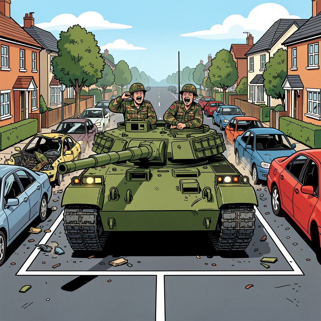 Twee dronken Britse soldaten maken een wilde joyride met een loodzware legertank.