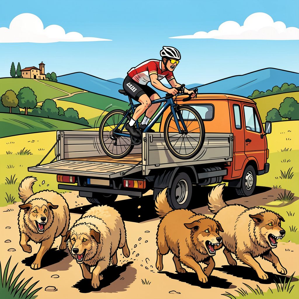 Een Nederlandse fietser ontsnapt in Italië aan agressieve herdershonden door snel in een open pick-up te springen.