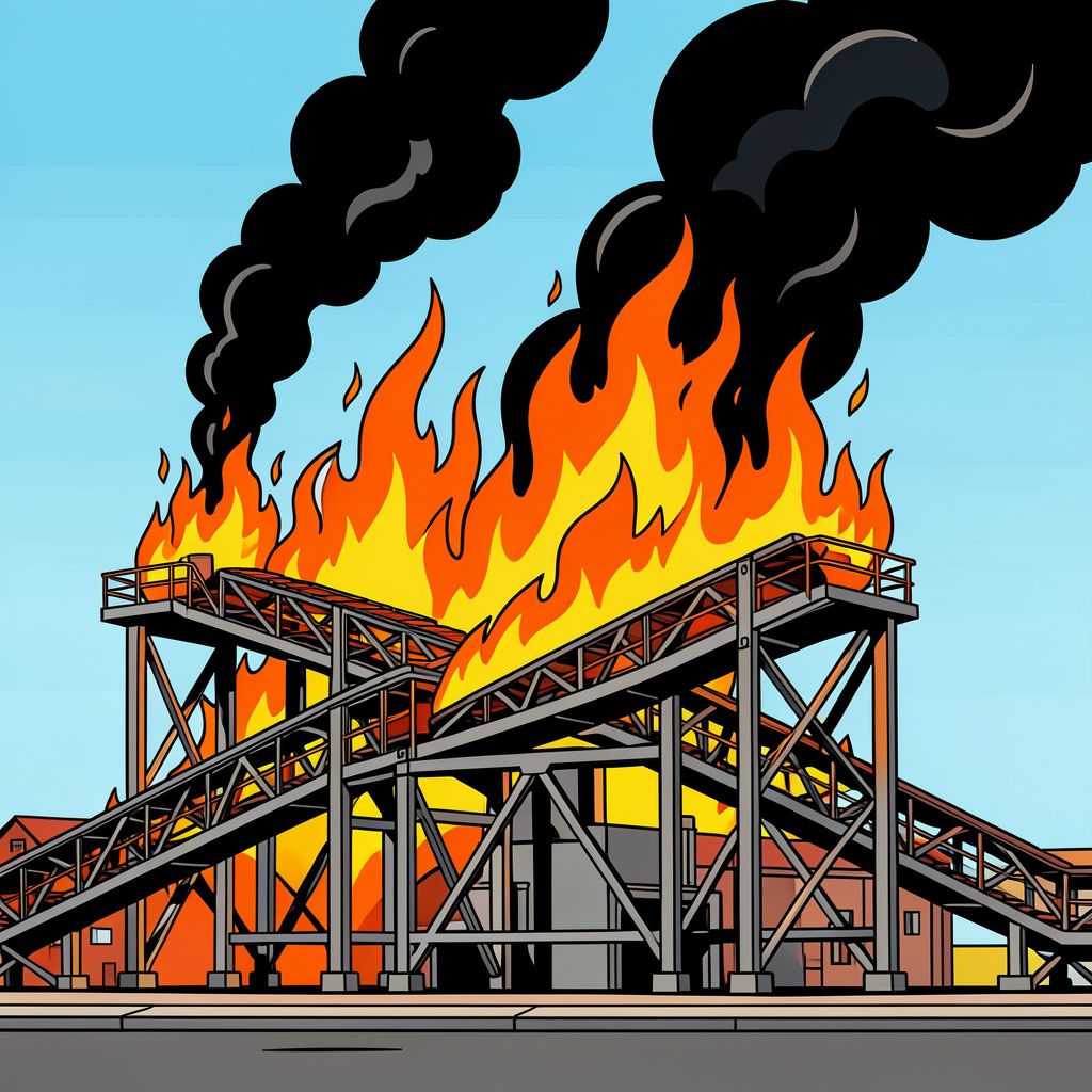 Een brandende transportband bij Tata Steel kleurt de lucht boven IJmuiden gitzwart.