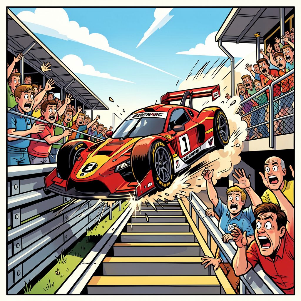 Een raceauto boort zich met volle vaart door de vangrail tot onderaan de tribune.