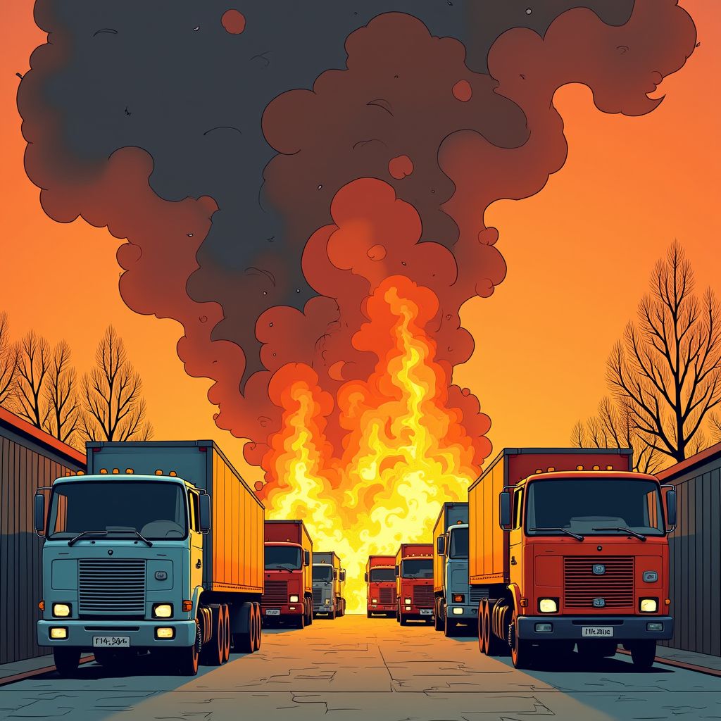 Vrachtwagenbedrijf Raijmakers gaat in vlammen op terwijl hele dorp Someren in rook gehuld raakt