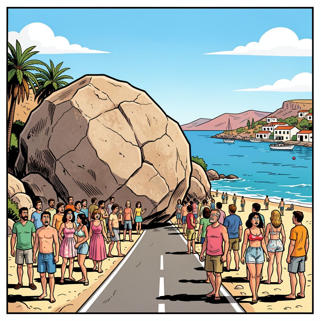 Een reusachtig rotsblok sluit honderden toeristen urenlang op op een Grieks strand.