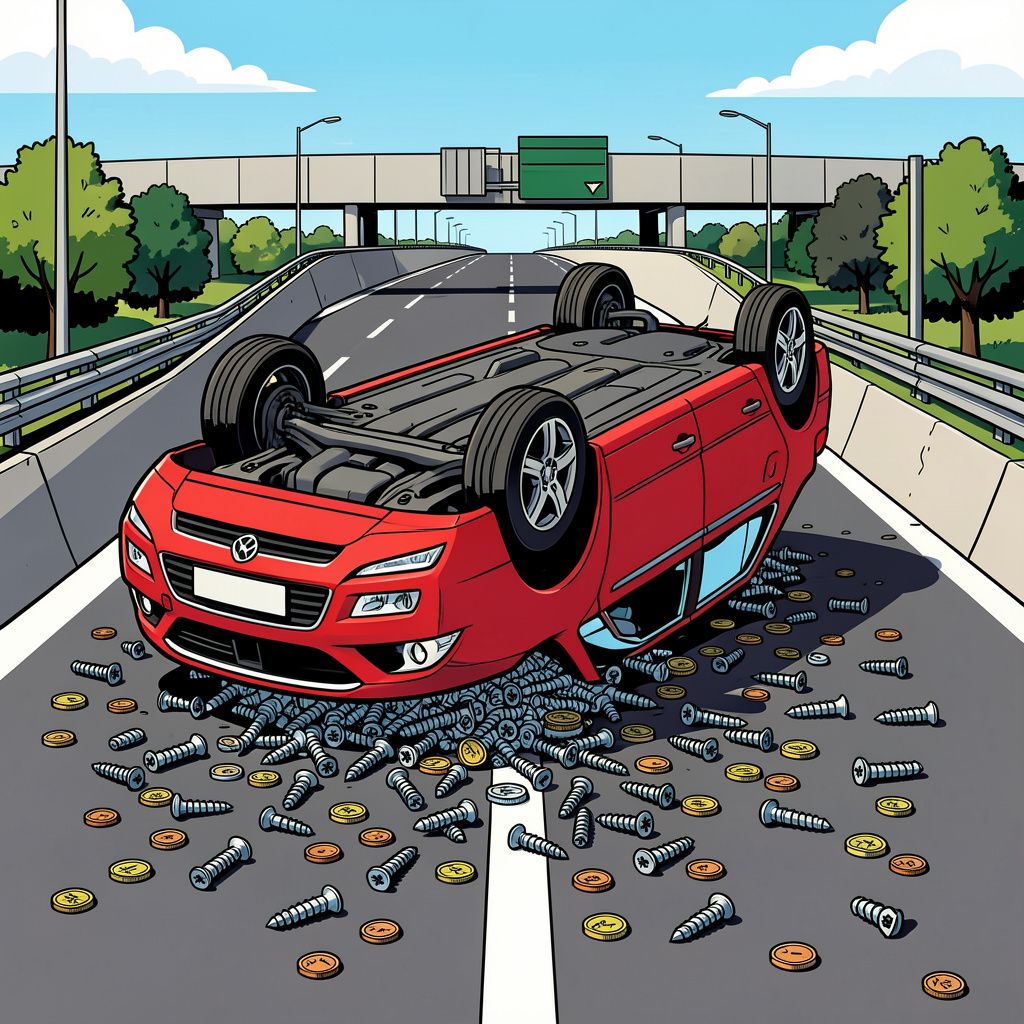 Een gecrashte auto strooit met muntgeld en duizenden schroeven op de oprit van de A1 bij Baarn.