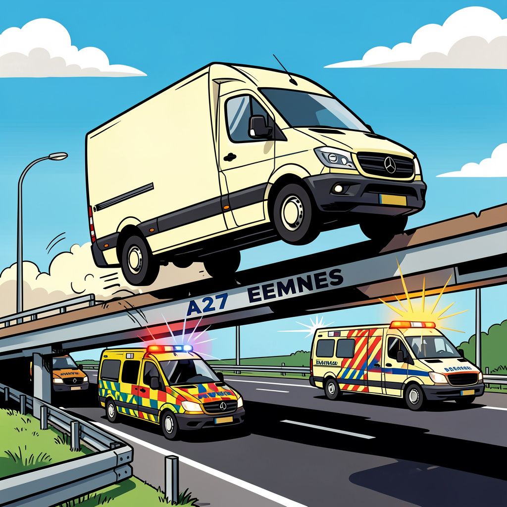Een bestelbus vliegt over de vangrail en zet de A27 urenlang op zijn kop.