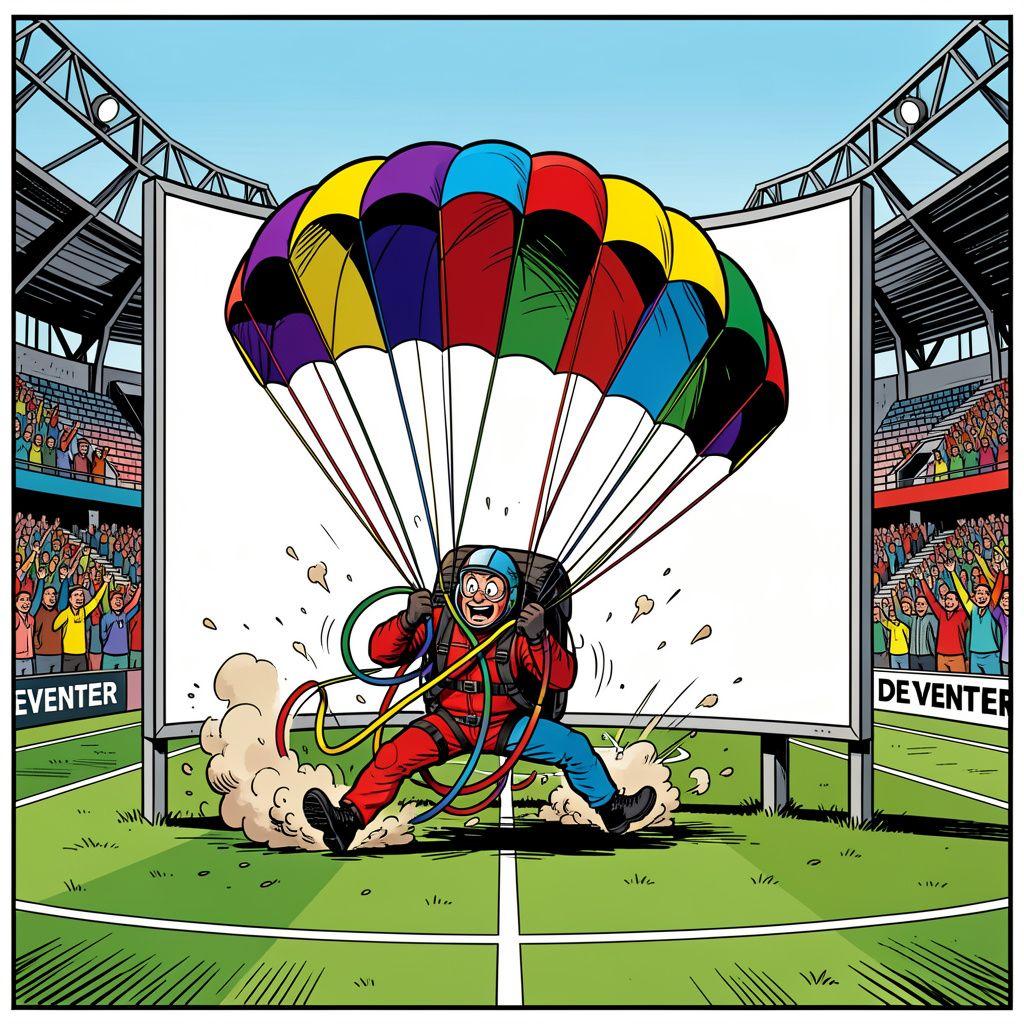 Een parachutist vliegt vlak voor de wedstrijd van Go Ahead Eagles keihard tegen een reclamebord.