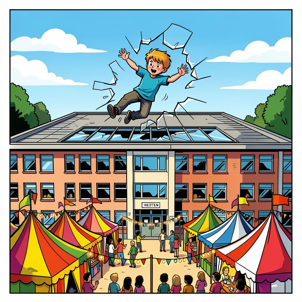 Een gezellig dorpsfeest in Heeten eindigt abrupt als een jongen door de lichtkoepel van een basisschool stort.