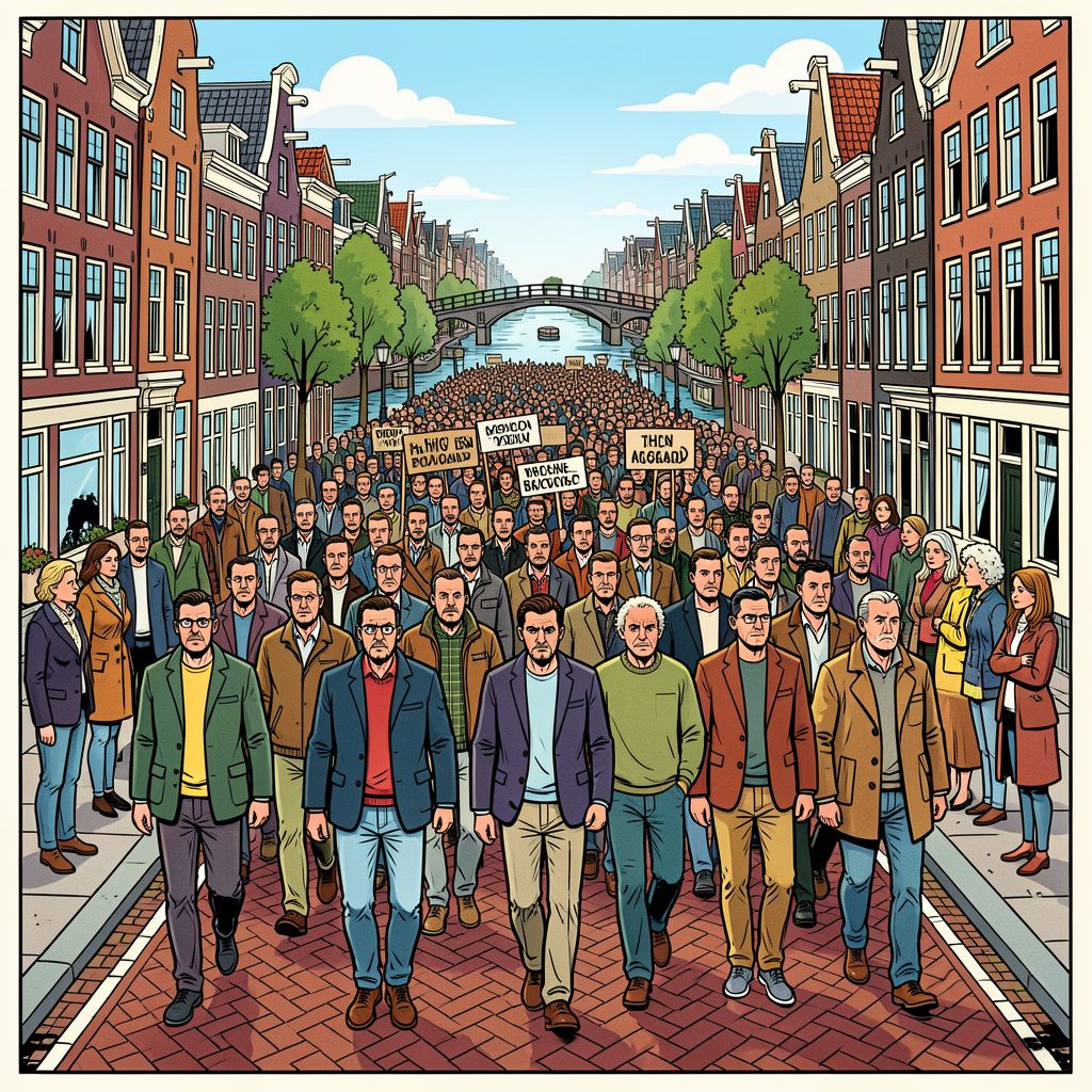 Honderden mannen lopen in Amsterdam een mars voor vrouwenveiligheid.