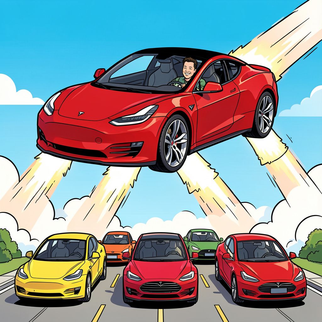 Elon Musk laat een nieuwe Tesla Roadster door de lucht vliegen over een rij auto's.