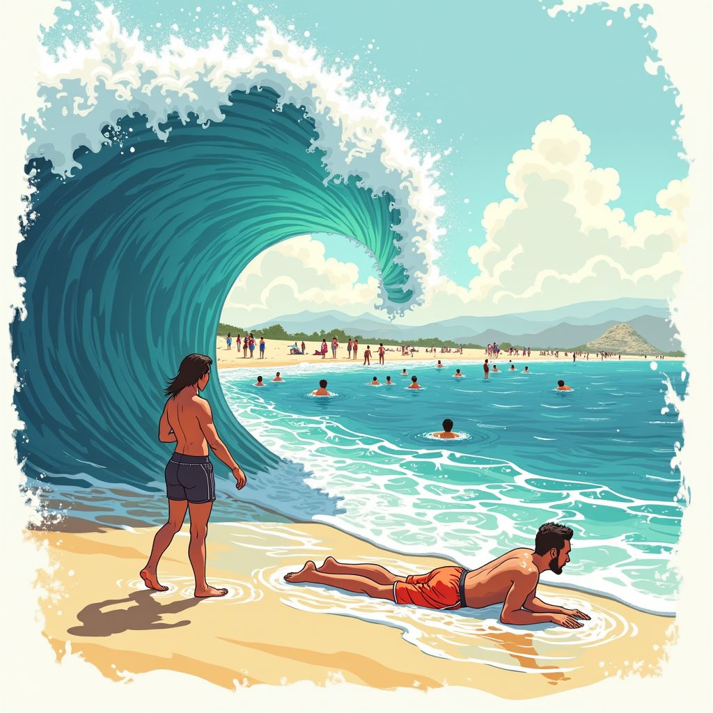 Een 9 meter hoge golf doodt badgast op druk strand terwijl niemand het zag aankomen