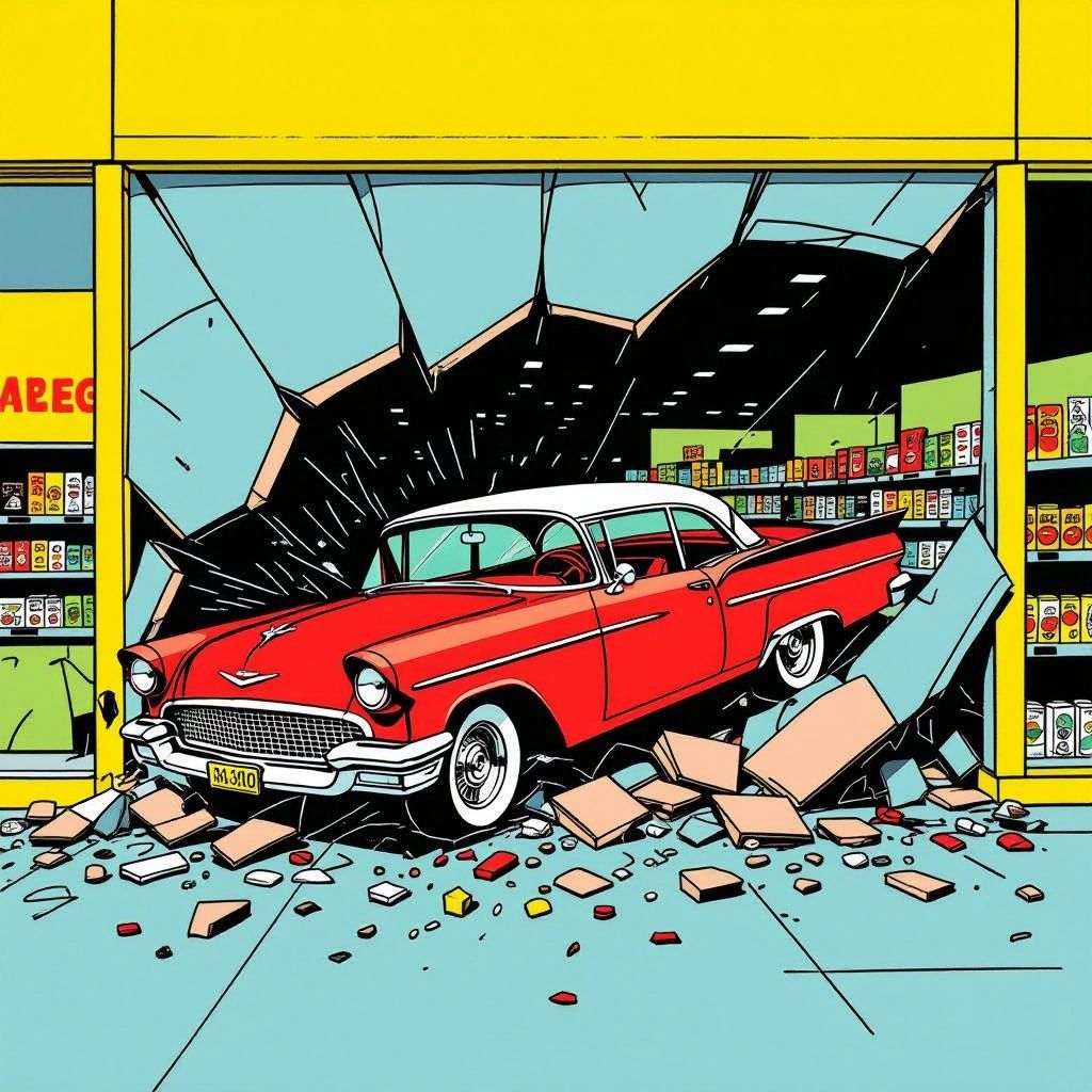 Auto breekt dwars door supermarktgevel heen en blijft midden in de winkel staan