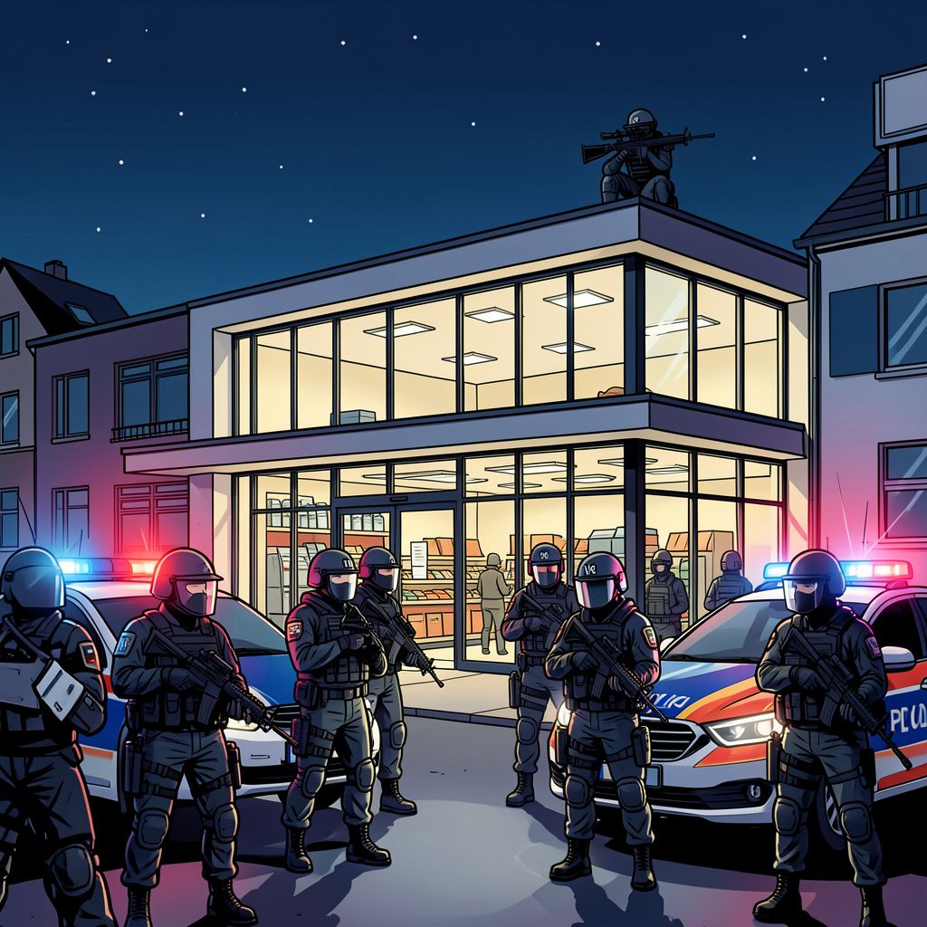 Zwaarbewapende agenten omsingelen een Berlijnse supermarkt na de gijzeling van een vrouw.