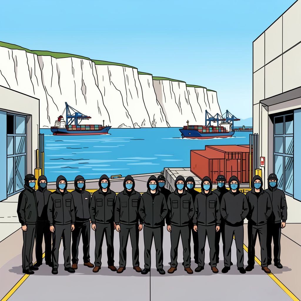 Gemaskerde mannen in het zwart blokkeren de belangrijkste haven van Groot-Brittannië.