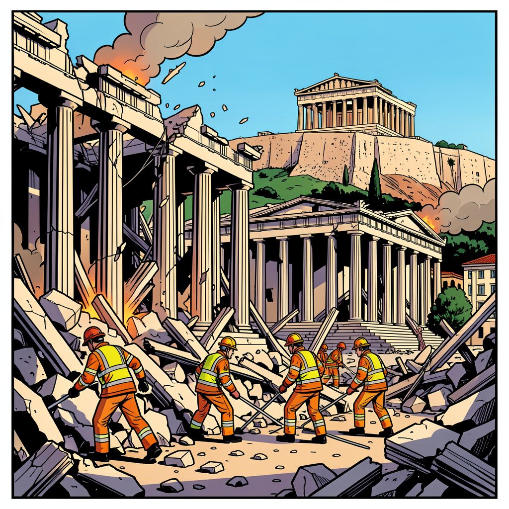 Een zware explosie legt gisteren een historisch pand in Athene in puin.