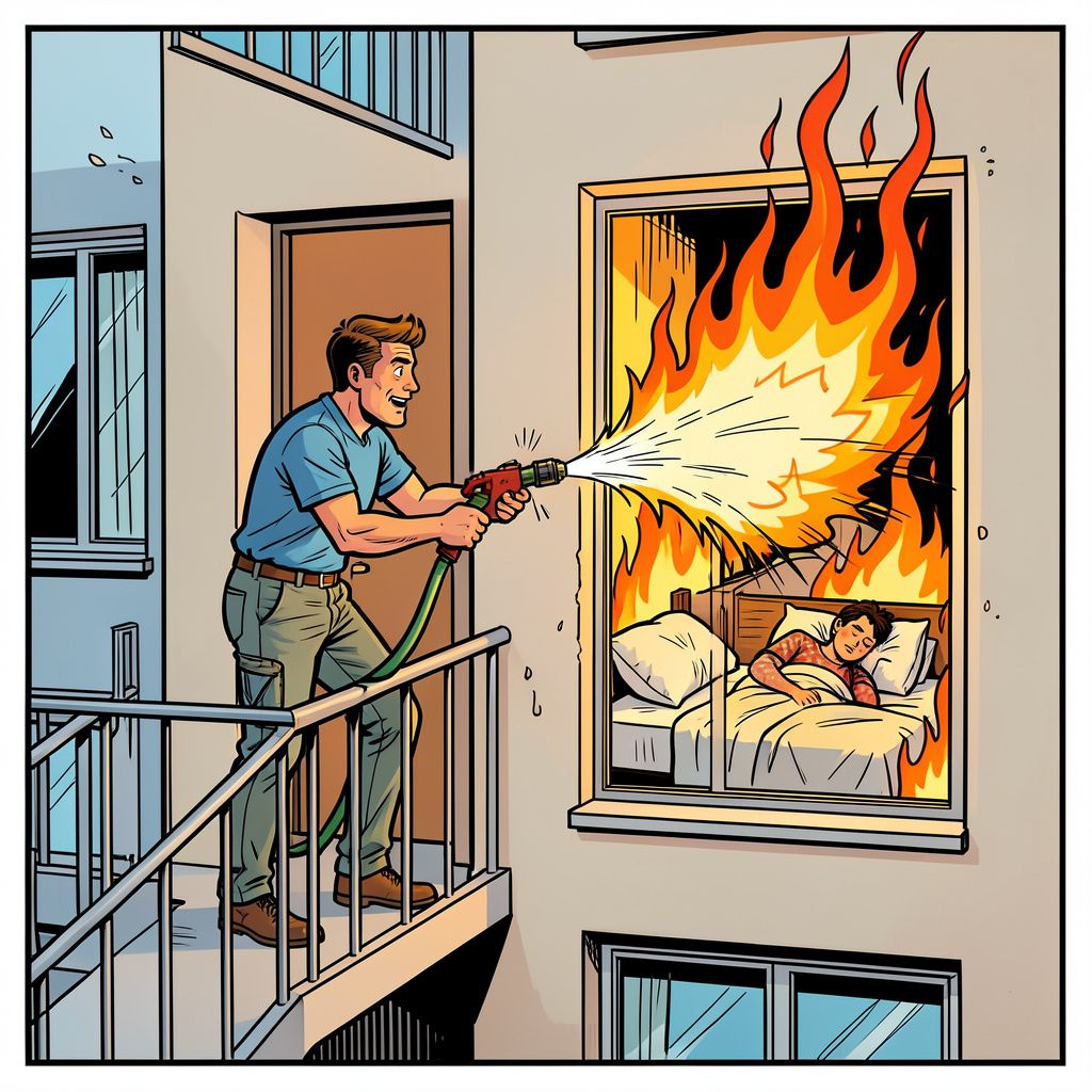 Buurman blust flatbrand met tuinslang terwijl bewoner nog slaapt.