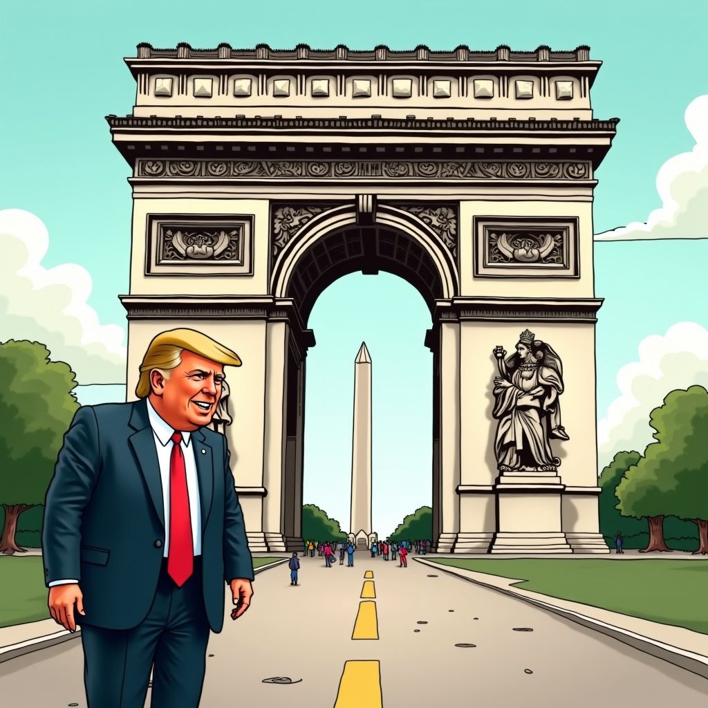 Trump wil een triomfboog van 76 meter hoog bouwen die hoger is dan de Arc de Triomphe