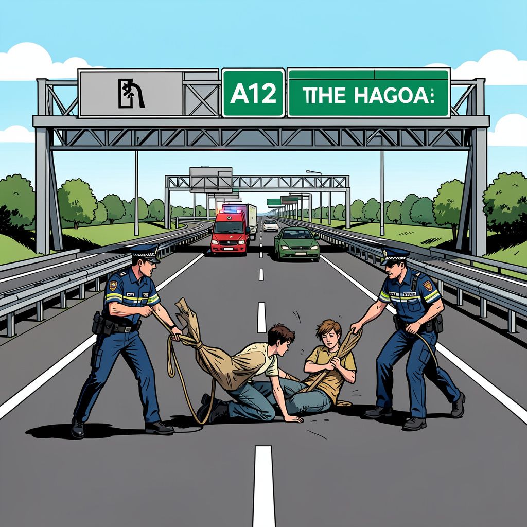 De politie veegt de A12 in Den Haag schoon na een onaangekondigde blokkade door klimaatactivisten.
