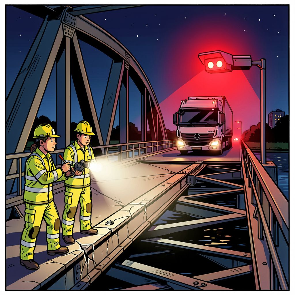 Rijkswaterstaat zoekt 's nachts naar scheuren in de Merwedebrug en beboet hardnekkige vrachtwagenchauffeurs.