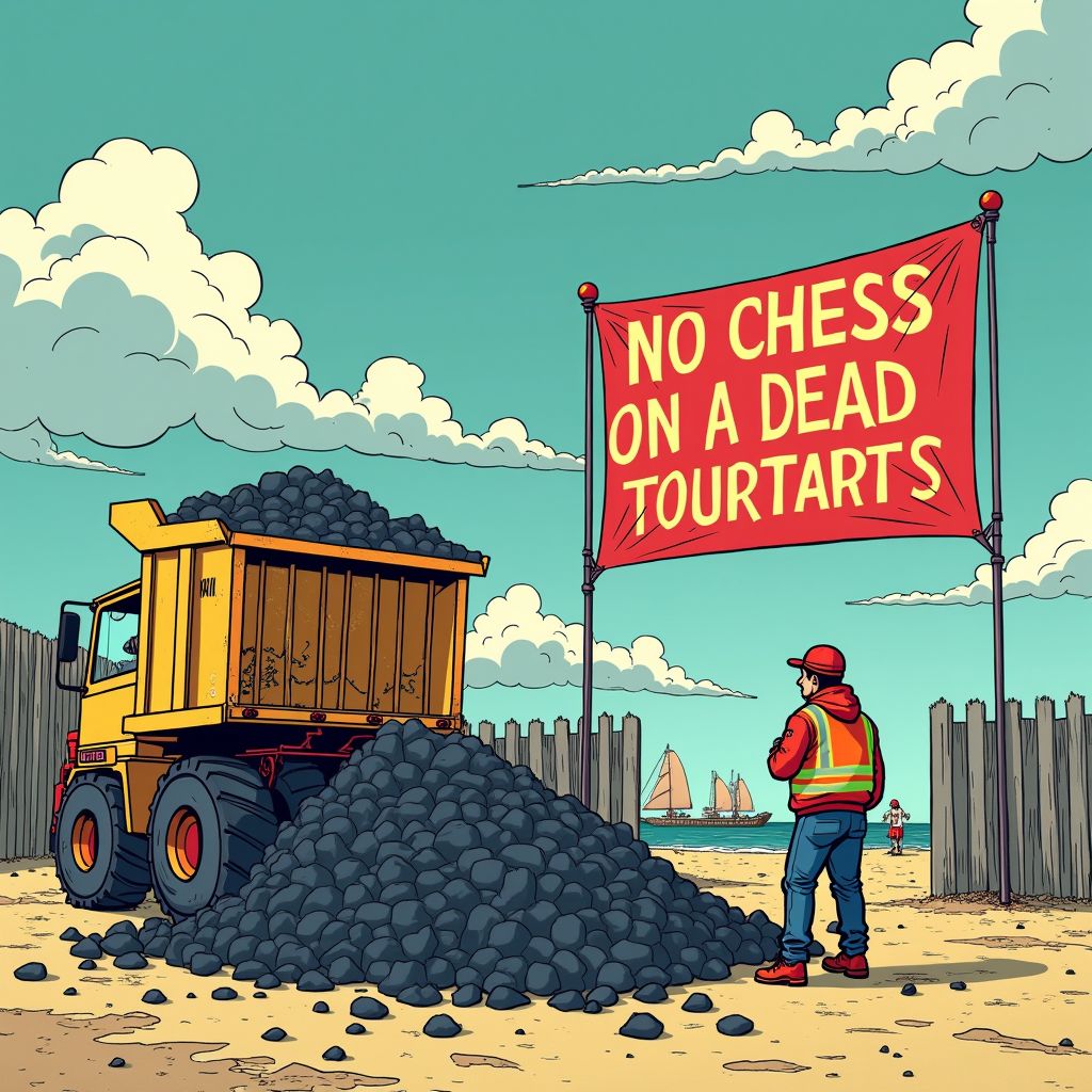 Klimaatactivisten kieperen 2.025 kilogram steenkool voor schaaktoernooi Wijk aan Zee